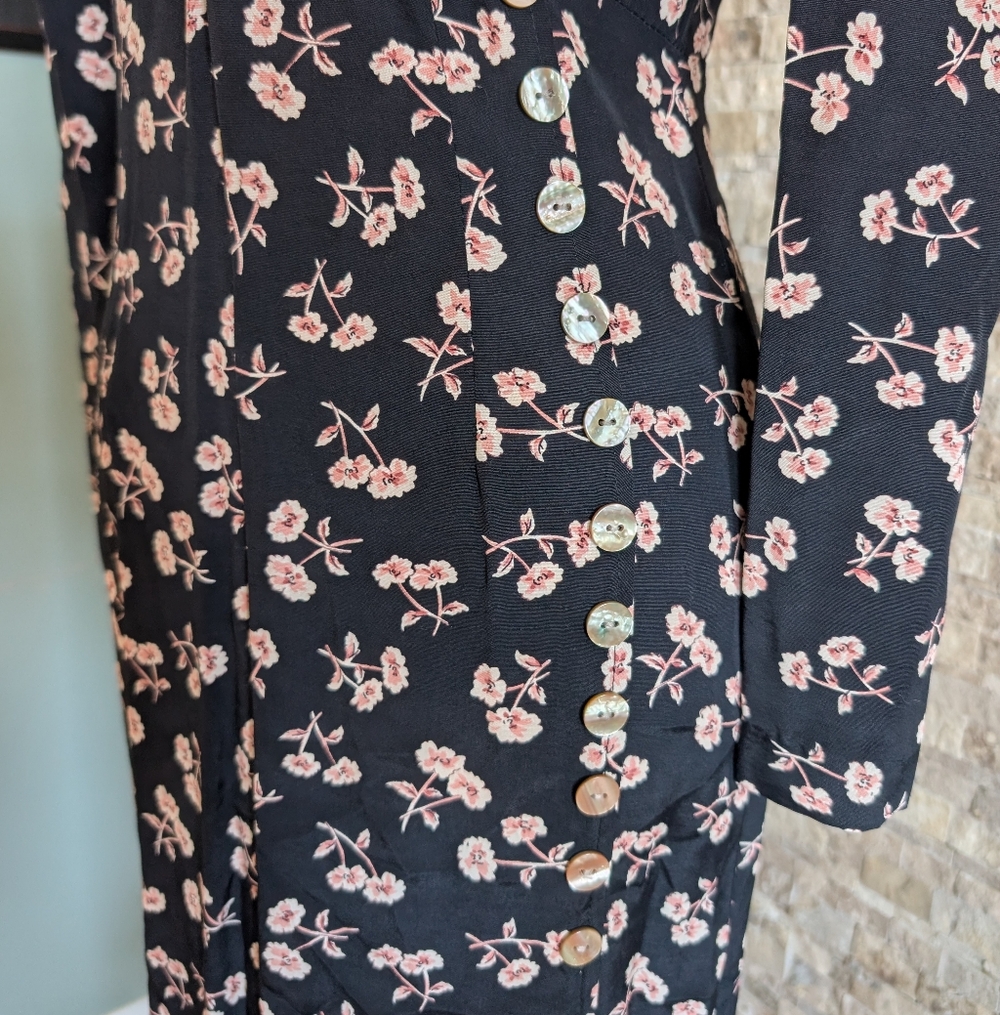 Vintage 90s Black Floral Dress Shoulder Pads Ruffle Slit Button Detail Sz 2 image 5